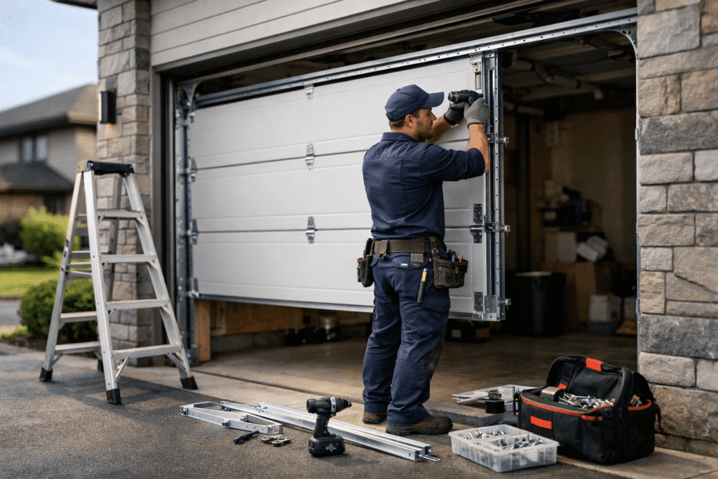 Technician mounting a sectional garage door on metal tracks with tools and ladder in a suburban driveway under natural daylight.