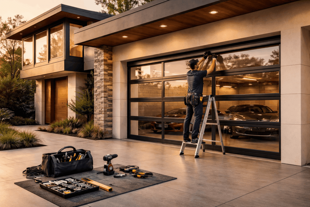 Technician repairing modern glass garage door at luxury home, tools on clean driveway, warm golden hour lighting, detailed scene