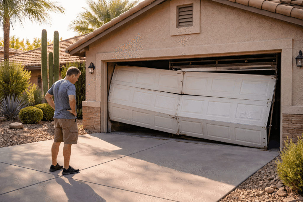 Misaligned garage door at Phoenix home with rusted springs and bent panels, homeowner inspecting damage in bright desert sunlight